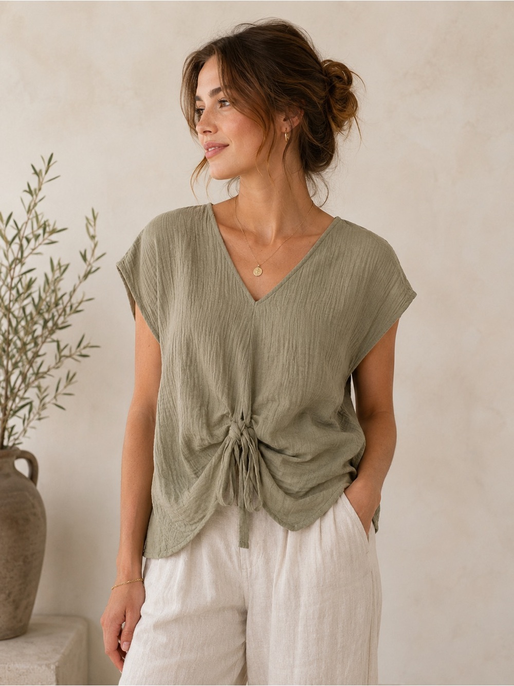Linen V-Neck Knot Front Top in Soft Sage